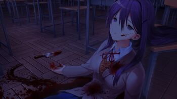 1girl arms_at_sides blazer blood blood_on_body blood_on_clothes blood_on_face blood_on_ground blood_on_hands blood_splatter blood_stain blood_trail bloody_knife blue_skirt breasts brown_jacket brown_sweater_vest button_gap buttons chair classroom collared_shirt corpse dark death desk doki_doki_literature_club doki_doki_literature_club_school_uniform dot_nose double-parted_bangs dress_shirt empty_eyes eyebrows_hidden_by_hair fallen_down fingernails game_cg grey_jacket hair_between_eyes hair_intakes hair_ornament hairclip half-closed_eyes highres horror_(theme) impossible_clothes indoors injury jacket knife large_breasts leaning_back leaning_on_object light_smile long_eyelashes long_hair long_sidelocks long_sleeves neck_ribbon night non-web_source official_art on_floor open_hands parted_lips pleated_skirt pool_of_blood purple_eyes purple_hair raised_inner_eyebrows red_ribbon ribbon satchely school school_desk school_uniform self-harm shirt sidelocks sitting skirt smile solo spoilers stab suicide sweater_vest teeth thick_eyelashes upper_body variant_set very_long_hair wing_collar wooden_chair wooden_desk wooden_floor yuri_(doki_doki_literature_club)