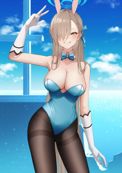 1girl absurdres animal_ears asuna_(blue_archive) asuna_(bunny)_(blue_archive) blue_archive blue_halo blush bow bowtie breasts brown_hair cleavage commentary fake_animal_ears hair_over_one_eye halo highres large_breasts leotard long_hair mole mole_on_breast official_alternate_costume one_eye_closed pantyhose paszuto playboy_bunny sideboob smile solo strapless strapless_leotard thighband_pantyhose thighs untranslatable_commentary
