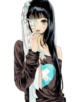 Rule 34 | 1girl, aqua nails, black hair, blue eyes, blunt bangs, brown shirt, dot nose, eyepatch, finger to mouth, floral print ribbon, hair ribbon, hashtag-only commentary, heart, heart print, highres, illit, iroha (illit), k-pop, long hair, long sleeves, looking at viewer, mole, mole under eye, orange ribbon, parted lips, polka dot, polka dot ribbon, ranxan0, real life, ribbon, sanpaku, shirt, sidelocks, single off shoulder, solo, straight hair, striped ribbon, upper body, white background, white ribbon