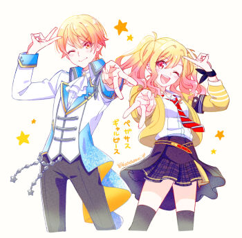1boy 1girl aiguillette armband ascot belt black_armband black_bow black_pants black_skirt black_thighhighs blonde_hair blush_visible_through_hair bow brooch brother_and_sister buttons cardigan collared_jacket collared_shirt colored_tips contrapposto cowboy_shot cropped_legs diagonal-striped_clothes diagonal-striped_necktie double_v dress_shirt eyes_visible_through_hair gem_belt glitter gold_trim gradient_hair hair_between_eyes hand_up happy head_tilt height_difference high-low_skirt high-waist_skirt highres jacket jewelry katatumuri_29 lapel_pin lapels light_blush loose_belt multicolored_hair necktie notched_lapels one_eye_closed open_mouth orange_hair outstretched_arm pants pink_eyes pink_hair plaid_clothes plaid_skirt project_sekai red_hair red_necktie shirt siblings side-by-side sidelocks silver_trim simple_background single_horizontal_stripe skirt sleeve_cuffs smirk standing star_(symbol) star_symbol_background striped_clothes striped_necktie swept_bangs teeth tenma_saki tenma_tsukasa thighhighs toggles triple_vertical_stripe twintails twitter_username two-tone_hair upper_teeth_only v v-shaped_eyebrows waist_cape wavy_hair white_ascot white_background white_jacket white_shirt wrist_bow yellow_cardigan yellow_eyes zettai_ryouiki