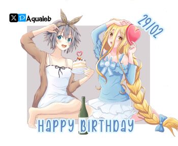 2girls aqualeb blonde_hair blue_eyes blush date_a_live highres honjou_nia hoshimiya_mukuro long_hair multiple_girls ribbon short_hair smile white_hair