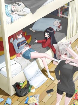 4girls :3 \||/ absurdres akane_lize animal_ear_fluff animal_ears aqua_eyes aqua_hair arahashi_tabi arm_up bag_of_chips bed bedroom bike_shorts black_bag black_hair black_skirt blanket blonde_streaks bottle bunk_bed cat_ears cellphone closed_mouth clothes_writing commentary_request controller curtains denim denim_shorts grey_hair grey_sweater groin haedungi_(shirayuki_hina) hair_spread_out hand_on_own_hip hand_up highres holding holding_phone indoors jjalbaaaaa kneeling korean_commentary long_hair long_sleeves looking_at_viewer lying messy_room midriff_peek multicolored_hair multiple_girls navel neneko_mashiro on_back on_bed one_eye_covered open_mouth phone pillow pink_sweater pringles_can red_eyes red_hair red_sweater remote_control shadow shirayuki_hina shoes short_hair short_shorts shorts sitting skirt sleep_mask smartphone smile standing stellive straight_hair streaked_hair stuffed_animal stuffed_toy sweater under_covers uno_(game) unworn_shoes virtual_youtuber white_sweater wooden_floor