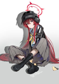 1girl absurdres baby_animal bird black_boots black_jacket blue_archive blush boots chick combat_helmet grey_sailor_collar grey_skirt grin hair_between_eyes halo helmet highres hxbdzj jacket lace-up_boots long_hair long_skirt looking_at_viewer neckerchief open_clothes open_jacket pleated_skirt rabu_(blue_archive) red_eyes red_hair red_halo sailor_collar shirt skirt smile solo very_long_hair white_shirt yellow_neckerchief