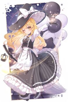 1girl absurdres apron back_bow balloon black_bow black_gloves black_vest blonde_hair blush bow braid broom closed_mouth commentary frilled_skirt frills full_body gloves hair_bow hat hat_bow high_heels highres holding holding_broom juliet_sleeves kirisame_marisa long_hair long_sleeves looking_at_viewer one_eye_closed puffy_sleeves side_braid single_braid skirt smile solo star_(symbol) touhou very_long_hair vest waist_apron wheat_retzel white_apron white_bow witch_hat yellow_eyes