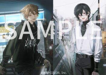 2boys :d arm_at_side bag belt belt_buckle belt_collar black-framed_eyewear black_belt black_collar black_hair black_hoodie black_nails black_pants black_shirt brown_eyes brown_hair buckle building cellphone chain chain-link_fence chain_bracelet chain_necklace closed_umbrella collar collared_shirt convenience_store copyright_notice cowboy_shot crossed_bangs day day_and_night eyeshadow fence fushimi_gaku glasses hair_between_eyes hair_flaps hair_ornament hairclip holding holding_bag holding_phone holding_umbrella hood hood_down hoodie jewelry layered_sleeves long_sleeves looking_at_viewer looking_to_the_side makeup male_focus mole mole_under_eye multiple_boys multiple_rings nail_polish necklace night nijisanji official_art open_mouth outdoors pants partially_unbuttoned phone plastic_bag power_lines print_hoodie punk purple_eyes railroad_crossing red_eyeshadow ring road sample_watermark shikinagi_akira shirt shirt_tucked_in shop short_hair sleeves_past_wrists smartphone smile split_screen st31010 standing storefront street thumb_ring transparent transparent_umbrella turtleneck turtleneck_shirt umbrella undershirt virtual_youtuber wallet_chain watermark white_shirt wrist_belt