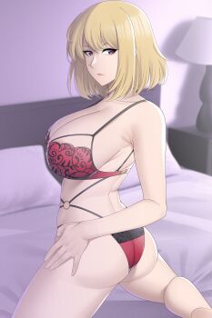 Rule 34 | 1girl, aslindsamure, ass, bed, blonde hair, bra, breasts, cha hae-in, large breasts, panties, short hair, solo leveling, underwear