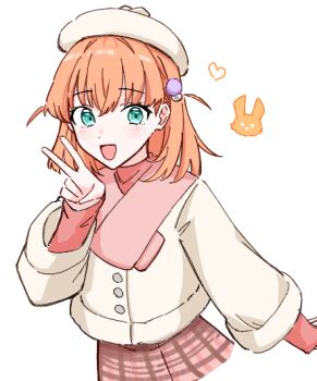 1girl :d aqua_eyes beanie character_logo commentary fur-trimmed_jacket fur_trim hair_bobbles hair_ornament hat heart hinoshita_kaho hinoshita_kaho_(winter_casual) jacket link!_like!_love_live! long_sleeves looking_at_viewer love_live! official_alternate_costume open_mouth orange_hair paint_chat_(medium) pink_skirt pink_sweater plaid_clothes plaid_skirt pom_pom_(clothes) pom_pom_beanie skirt smile solo sweater v virtual_youtuber white_hat white_jacket zangemiya