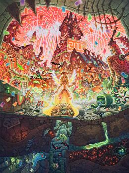 absurdres axe bat_(animal) black_cat book candle cat coffin dress elbow_gloves frankenstein&#039;s_monster ghost gloves grandia grandia:_parallel_trippers halloween hat highres jack-o&#039;-lantern koichi_noda long_hair multiple_boys multiple_girls mummy official_art open_mouth parody skirt smile the_ring vampire witch witch_hat