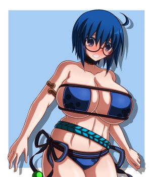 Rule 34 | 1girl, absurdres, ahoge, blue eyes, blue hair, blush, breasts, ciel (tsukihime), collarbone, cosplay, fate/grand order, fate (series), glasses, highres, huge breasts, minamoto no raikou (fate), minamoto no raikou (fate/grand order), minamoto no raikou (swimsuit lancer) (fate), minamoto no raikou (swimsuit lancer) (fate) (cosplay), navel, open mouth, sakurello, short hair, solo, swimsuit, tsukihime, tsukihime (remake)