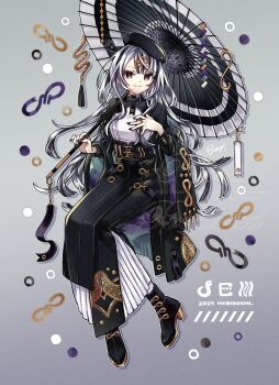 1girl black_boots black_hair black_nails black_skirt black_umbrella boots brown_eyes buzz_(moi) closed_mouth commentary grey_background grey_hair hair_ornament hairclip high_heel_boots high_heels highres holding holding_umbrella jewelry long_hair long_sleeves looking_at_viewer multicolored_hair nail_polish oil-paper_umbrella original puffy_long_sleeves puffy_sleeves revision ring shirt shrug_(clothing) simple_background sitting skirt smile solo streaked_hair symbol-only_commentary umbrella very_long_hair water white_shirt