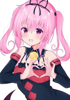 1girl absurdres bare_shoulders blush breasts commentary_request demon_tail flat_chest gesture hair_between_eyes hair_ornament highres looking_at_viewer nana_asta_deviluke off_shoulder open_mouth pink_eyes pink_hair sharp_teeth short_hair simple_background small_breasts solo tail teeth to_love-ru to_love-ru_darkness to_love-ru_darkness_2nd twintails upper_teeth_only