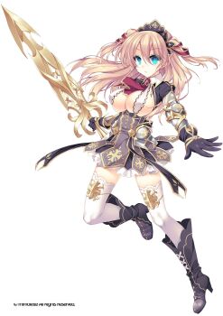 1girl bare_shoulders blue_eyes blurry blush brave_girl_ravens breasts brown_hair chelsea_(brave_girl_ravens) cleavage depth_of_field detached_sleeves hair_between_eyes heart highres large_breasts long_hair long_sleeves looking_at_viewer navel non-web_source one_side_up open_mouth satsuki_misuzu simple_background skindentation smile solo upper_body white_background