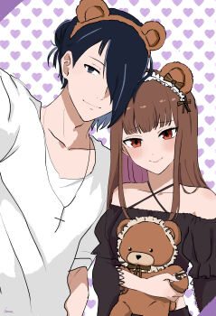 Rule 34 | 1boy, 1girl, absurdres, animal ears, bare shoulders, bear hair ornament, blush, brown eyes, cross, cross necklace, fake animal ears, hair ornament, hair over one eye, heart, heart background, highres, iino miko, ishigami yuu, jewelry, kaguya-sama wa kokurasetai ~tensai-tachi no renai zunousen~, long hair, long sleeves, nana (7kah), necklace, shirt, smile, stuffed animal, stuffed toy, teddy bear, white background, white shirt