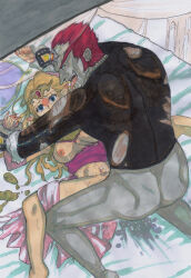1boy 1girl blonde_hair blue_eyes breasts crying crying_with_eyes_open defeat ganondorf helpless hetero highres long_hair male_ass muscular muscular_male nintendo nipples pinned pointy_ears princess princess_zelda rape rape_face red_hair sex sweat tan_boku tears the_legend_of_zelda the_legend_of_zelda:_ocarina_of_time tiara torn_clothes vaginal