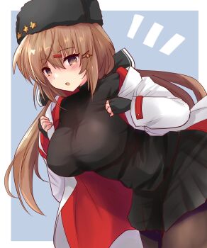 Rule 34 | 1girl, black bow, black hat, blue background, blue shawl, blush, bow, breasts, brown eyes, brown hair, fur hat, gloves, hair between eyes, hair bow, hair ornament, hairclip, hat, highres, hirune (konekonelkk), jacket, kantai collection, large breasts, long hair, low twintails, open clothes, open mouth, papakha, russian clothes, scarf, shawl, solo, tashkent (kancolle), torn clothes, torn scarf, twintails, white background