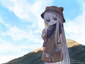 1girl :d animal_ears animal_hat bag black_scarf black_skirt blue_sky blush brown_hat brown_jacket ciela_(yuuhagi_(amaretto-no-natsu)) cloud cloudy_sky commentary_request cowboy_shot day fake_animal_ears fringe_trim grey_eyes grey_hair hand_up hat jacket long_hair long_sleeves looking_at_viewer mountain open_mouth original outdoors pleated_skirt scarf shirt shoulder_bag signature skirt sky smile solo very_long_hair watermark white_shirt yuuhagi_(amaretto-no-natsu)