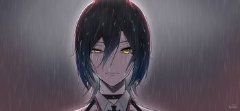 1girl azur_lane black_choker black_hair blue_hair chainsaw_man choker closed_mouth frown gradient_hair highres looking_at_viewer multicolored_hair night outdoors rain scene_reference solo ulrich_von_hutten_(azur_lane) xuwasoo yellow_eyes