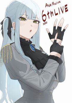 Rule 34 | 1girl, bang dream!, bang dream! it's mygo!!!!!, black gloves, black ribbon, blue eyes, blue hair, commentary, earrings, epaulettes, fingerless gloves, gloves, grey jacket, hair ribbon, hands up, hashtag-only commentary, highres, index finger raised, jacket, jewelry, long hair, looking at viewer, nagomu 7 56, open mouth, ribbon, sidelocks, simple background, solo, togawa sakiko, upper body, white background, yellow eyes