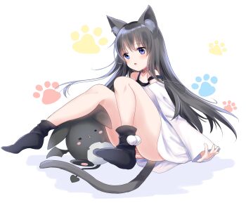 1girl :o =_= absurdres animal_ears bad_source bare_legs bare_shoulders black_camisole black_hair black_socks black_wings blue_eyes blush blush_stickers camisole cat_ears cat_girl cat_tail closed_eyes collar demon_tail demon_wings eyes_visible_through_hair fang hair_between_eyes highres invisible_floor knees_up long_hair long_sleeves motohara_moka no_pants no_shoes on_floor open_hand original oversized_clothes oversized_shirt panties parted_lips paw_print paw_print_background pink_panties pom_pom_(clothes) red_collar shirt sitting skin_fang socks solo spread_fingers straight_hair strap_slip striped_clothes striped_panties tail underwear very_long_hair white_background white_shirt wings