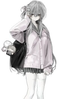 1girl absurdres bag black_bag black_skirt bow cardigan character_doll closed_mouth doll feet_out_of_frame grey_hair hair_between_eyes hair_bow hand_up highres honnryou_hanaru long_hair long_sleeves looking_at_viewer miniskirt neckerchief one_side_up original pink_cardigan pink_eyes pleated_skirt sailor_collar school_bag school_uniform serafuku skirt sleeves_past_wrists solo thighhighs very_long_hair white_background white_thighhighs zettai_ryouiki