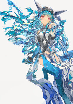 1girl absurdres arknights arknights:_endfield bare_shoulders blue_gloves blue_hair bodysuit breasts clothing_cutout elbow_gloves gloves hand_on_own_chest highres hip_vent ichika_(ichika87) last_rite_(arknights) leg_up long_hair looking_at_viewer medium_breasts navel parted_lips pointy_ears red_eyes simple_background solo standing standing_on_one_leg two_side_up veil very_long_hair white_background