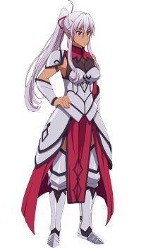 1girl :< ahoge aisha_udgard anime_coloring arm_guards armor breasts cleavage closed_mouth collared_dress dark-skinned_female dark_elf dark_skin dress elf full_body genjitsu_shugi_yuusha_no_oukoku_saikenki greaves hair_between_eyes hair_over_shoulder hand_on_own_hip high_ponytail highres knee_guards large_breasts leg_armor long_dress long_hair official_art ootsuka_mai pointy_ears ponytail purple_eyes purple_hair red_ribbon ribbon shoulder_armor side_slit simple_background solo striped_clothes striped_dress tachi-e transparent_background tsurime v-shaped_eyebrows