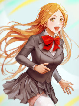 Rule 34 | 1girl, 22nae2, :d, black jacket, black skirt, bleach, blurry, blurry background, bow, bowtie, breasts, collared shirt, commentary request, cowboy shot, highres, inoue orihime, jacket, karakura high school uniform, korean commentary, light blush, long hair, medium breasts, open mouth, orange eyes, orange hair, parted bangs, pleated skirt, red bow, red bowtie, school uniform, shirt, skirt, smile, solo, teeth, thighhighs, upper teeth only, white shirt, white thighhighs, zettai ryouiki
