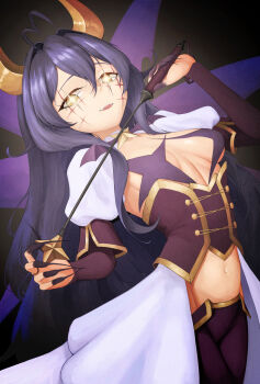 1girl absurdres ahoge alternate_hair_length alternate_hairstyle arched_back breastless_clothes breasts breasts_apart bridal_gauntlets bright_pupils colored_fingertips commentary_request corset cross cross_facial_mark dark_background demon_horns facial_mark fingernails gold_trim hair_between_eyes hair_intakes heart heart_ahoge highres hiiragi_utena holding holding_riding_crop horns kodeyu linea_alba long_hair lowleg lowleg_pants magia_baiser mahou_shoujo_ni_akogarete medium_breasts navel open_mouth pants pasties purple_corset purple_hair revealing_clothes riding_crop sharp_fingernails showgirl_skirt shrug_(clothing) solo star-shaped_pupils star_(symbol) star_facial_mark star_pasties symbol-shaped_pupils white_shrug yellow_eyes yellow_horns