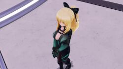 1girl 3d alternate_costume alternate_hairstyle animated blue_eyes bodysuit bouncing_breasts breasts cleavage from_above gloves hair_ribbon highres jiggle large_breasts legs neptune_(series) no_bra outdoors ponytail ribbon smile sound tagme thighs unzipped vert_(neptunia) video walking