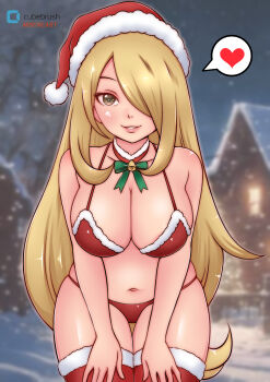 1girl bell bikini blonde_hair blush bow breasts brown_eyes choker christmas cleavage cynthia_(pokemon) fur-trimmed_bikini fur-trimmed_headwear fur-trimmed_legwear fur-trimmed_thighhighs fur_trim green_bow grin hair_over_one_eye hands_on_own_thighs hat heart house large_breasts leaning_forward long_hair looking_at_viewer misune_art navel neck_bell night night_sky nintendo pokemon pokemon_dppt pom_pom_(clothes) red_bikini red_thighhighs santa_bikini santa_costume santa_hat sky smile snow snowing speech_bubble spoken_heart standing swimsuit teeth thighhighs tree winter