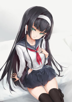 1girl bishoujo_mangekyou_(series) bitterpain black_hair black_sailor_collar black_skirt breasts commentary_request green_eyes hairband highres hime_cut long_hair long_sleeves looking_at_viewer neckerchief panties pleated_skirt red_neckerchief renge_(bishoujo_mangekyou) sailor_collar school_uniform shirt simple_background sitting skirt small_breasts solo underwear white_background white_panties white_shirt