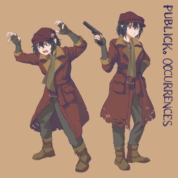 1girl absurdres black_hair boots brown_background brown_boots brown_coat brown_hat coat commentary cosplay english_commentary fallout fallout_4 fingerless_gloves full_body gloves grey_gloves grey_pants grin gun handgun hat highres holding holding_gun holding_weapon kto_znaet looking_at_viewer multiple_views newsboy_cap pants piper_wright piper_wright_(cosplay) pointy_ears red_eyes shameimaru_aya short_hair simple_background smile standing touhou weapon