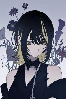 absurdres bare_shoulders black_hair black_vest blonde_streaks commentary detached_collar detached_sleeves ear_piercing eyeliner flower gradient_background hair_between_eyes highres idolmaster idolmaster_shiny_colors ikaruga_luca lapels light_blush makeup multicolored_hair piercing portrait qinglai_haiji sanpaku sidelocks spiked_ear_piercing swept_bangs symbol-only_commentary vest yellow_eyes