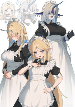 3girls alternate_costume apron black_dress blonde_hair blue_eyes blue_hair blue_horns blush breasts cartethyia_(wuthering_waves) chibi chibi_inset closed_mouth colored_extremities colored_inner_hair commentary covered_eyes dress earrings enmaided fins fleur-de-lis fleurdelys_(wuthering_waves) floating_earrings flying_sweatdrops grey_hair hand_on_own_hip head_fins highres horns jewelry large_breasts leviathan_(wuthering_waves) long_hair long_horns long_sleeves looking_at_viewer maid maid_headdress meda multicolored_hair multiple_earrings multiple_girls multiple_persona necklace nose_blush open_mouth pale_skin parted_bangs pointy_ears sidelocks simple_background smile sweatdrop tacet_mark_(wuthering_waves) white_background wuthering_waves yellow_horns