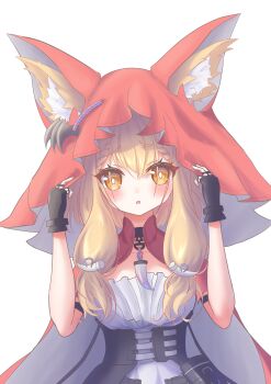 1girl absurdres animal_ear_fluff animal_ears arknights arknights:_endfield black_gloves blonde_hair blush commentary dress ears_through_headwear fingerless_gloves gloves highres hood hood_up long_hair looking_at_viewer red_hood rossi_(arknights) simple_background solo tail upper_body white_background wolf_ears wolf_girl wolf_tail yellow_eyes yucom_kemo