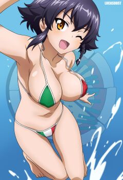 1girl absurdres anzio_(emblem) bikini blush braid breasts brown_eyes cleavage collarbone curvy emblem flag_print flag_print_bikini full_body girls_und_panzer highres italian_flag italian_flag_bikini italian_flag_print jumping large_breasts looking_at_viewer lucasddst navel one_eye_closed open_mouth pepperoni_(girls_und_panzer) print_bikini shiny_skin short_hair signature smile solo swimsuit thong thong_bikini water_drop wide_hips