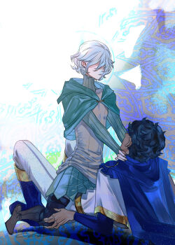 Rule 34 | 2boys, absurdres, arianna 327, bags under eyes, black hair, boots, cape, curly hair, dark-skinned male, dark skin, dungeon meshi, elf, full body, gorget, grey hair, hand on another's neck, highres, kabru, long sleeves, lying, male focus, mithrun, multiple boys, notched ear, on back, pants, pointy ears, shirt, short hair, straddling, thigh boots, tunic