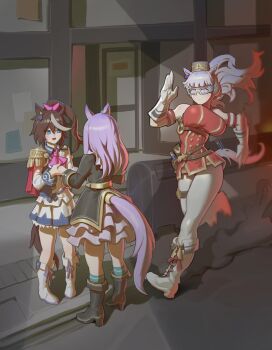 3girls a-train_(the_boys) absurdres animal_ears bespectacled blunt_bangs bow commentary ear_bow ear_ribbon english_commentary glasses gold_ship_(red_strife)_(umamusume) gold_ship_(umamusume) grey_hair highres holding_hands horse_ears horse_girl horse_tail imminent_collision long_hair mejiro_mcqueen_(frontline_elegance)_(umamusume) mejiro_mcqueen_(umamusume) multiple_girls outdoors pacpoi pillbox_hat postbox_(outgoing_mail) purple_eyes purple_hair revision road running scene_reference sidewalk smoke tail the_boys tokai_teio_(peak_joy)_(umamusume) tokai_teio_(umamusume) umamusume