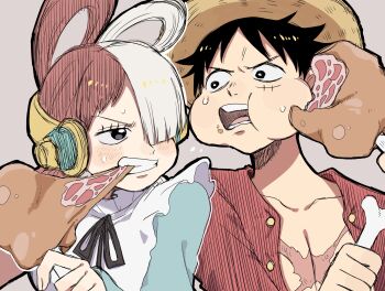 1boy 1girl bare_shoulders black_hair breasts competition dress eating facial_scar food hair_over_one_eye hat headphones highres idol long_hair long_sleeves looking_at_another meat mm25 monkey_d._luffy multicolored_hair one_piece one_piece_film:_red open_mouth red_hair scar scar_on_cheek scar_on_face straw_hat two-tone_hair uta_(one_piece) very_long_hair