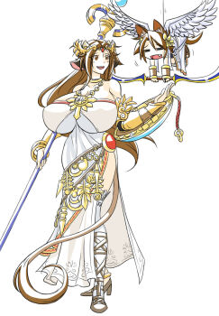 1boy 1girl animal_ears bow breasts brown_eyes brown_hair cleavage collar collarbone cosplay cow_girl curvy fang gigantic_breasts graph_(graphiteknight) happy high_heels highres jewelry kid_icarus long_hair lots_of_jewelry matt_(ego_trigger) mattie_(ego_trigger) mini_person miniboy necktie nintendo palutena pit_(kid_icarus) shield shoes tail thighhighs wide_hips wings