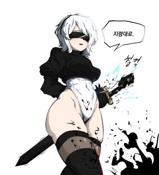 1girl 2b_(nier:automata) 2b_(nier:automata)_(cosplay) arm_behind_back black_gloves black_hairband blindfold blood blood_on_clothes blood_splatter commentary_request cosplay faust_(project_moon) feather-trimmed_sleeves gloves hairband highleg highleg_leotard highres index_(identity)_(project_moon) juliet_sleeves jungeorl korean_commentary leotard limbus_company long_sleeves open_mouth project_moon puffy_long_sleeves puffy_sleeves sheathing sword thick_thighs thighhighs thighs trait_connection translation_request weapon white_hair white_leotard