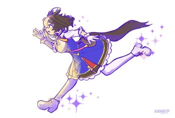 1girl ahoge animal_ears bag between_breasts blue_dress bow breasts brown_hair dress ear_ribbon from_side full_body gloves hair_between_eyes hairband headband highres horse_ears horse_girl horse_tail long_sleeves meisho_doto_(turbulent_blue)_(umamusume) meisho_doto_(umamusume) multicolored_hair pantyhose pink_hairband pink_headband purple_eyes running shirt shoes shoulder_bag solo sparkle strap_between_breasts tail two-tone_hair umamusume white_background white_gloves white_hair white_pantyhose white_shirt zenko404