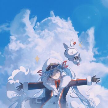 1girl 1other absurdres animal binoculars black_coat black_gloves black_necktie blue_eyes blue_hair buttons cloud coat colored_tips commentary crab crab_print day double-breasted fur-trimmed_coat fur-trimmed_hood fur-trimmed_sleeves fur_trim gloves hair_ribbon hat hatsune_miku heart heart-shaped_pupils highres hood jacket konya_karasue looking_at_viewer military_uniform multicolored_hair naval_uniform necktie outdoors outstretched_arms peaked_cap rabbit rabbit_yukine red_ribbon ribbon sky smile snowflake_print solo_focus sparkle sparkling_aura standing symbol-shaped_pupils t-pose twintails upper_body vocaloid white_hat white_jacket yuki_miku yuki_miku_(2022)