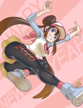 1girl 2026 black_pantyhose blue_eyes blush breasts brown_hair commentary_request donut_hair_bun double_bun grin hair_bun hat highres large_breasts long_hair looking_at_viewer nintendo open_mouth pantyhose pantyhose_under_shorts poke_ball_print pokemon pokemon_bw2 raglan_sleeves rosa_(pokemon) shirt shoes shorts smile solo teeth tsuichi twintails visor_cap yellow_shorts