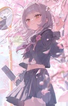 1girl 2nd_generation_(hololive) arched_bangs black_sailor_collar black_serafuku black_shirt black_skirt blush cherry_blossoms closed_mouth commentary_request day diploma diploma_tube falling_petals floating_hair graduation grey_hair hand_up highres holding holding_diploma hololive iruka3 long_hair long_sleeves midriff_peek miniskirt murasaki_shion nakiri_ayame navel neckerchief oozora_subaru outdoors petals pleated_skirt purple_neckerchief sailor_collar school_uniform serafuku shirt short_eyebrows skirt solo tearing_up traffic_mirror virtual_youtuber waving yellow_eyes yuzuki_choco