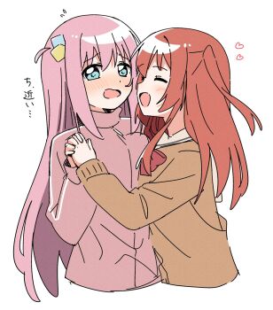 2girls :d blue_eyes blush bocchi_the_rock! bow bowtie brown_jacket closed_eyes cropped_torso gotoh_hitori hair_between_eyes haru_(konomi_150) heart highres holding_hands interlocked_fingers jacket kita_ikuyo long_hair multiple_girls nose_blush one_side_up open_mouth pink_hair pink_jacket red_bow red_bowtie red_eyes simple_background smile track_suit translated upper_body very_long_hair wavy_mouth white_background yuri
