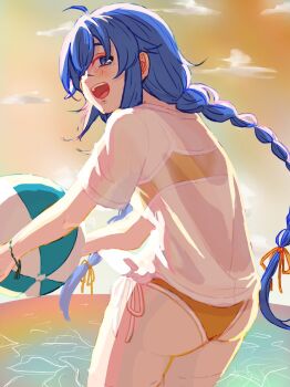 1girl ahoge ball beachball bikini blue_hair bow braid highres looking_at_viewer mushoku_tensei ocean open_mouth orange_bikini orange_bow orange_sky outdoors pr_p_pr_p roxy_migurdia side-tie_bikini_bottom sky sunset swimsuit twin_braids wet wet_clothes