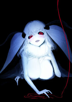 1girl antenna_hair antennae arthropod_girl black_sclera breasts colored_sclera creepy extra_arms fur_trim highres insect_girl large_breasts mashiro_(solopipb) monster_girl moth_girl open_mouth original pale_skin purple_hair red_eyes red_string solo solopipb string teeth twintails upper_teeth_only yandere