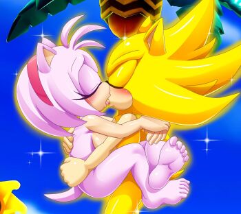 1boy 1girl amy_rose ass barefoot bbmbbf blonde_hair breasts carrying carrying_person completely_nude feet furry furry_female gold_fur gold_hair hairband hetero highres holding kiss leg_lock mobius_unleashed nude palcomix pink_fur pink_gur pink_hair sega sex small_breasts soles sonic_(series) sonic_superstars sonic_the_hedgehog sonic_the_hedgehog_(classic) spiked_hair standing standing_sex super_amy super_amy_rose super_sonic toes tongue tongue_out transformation yellow_fur