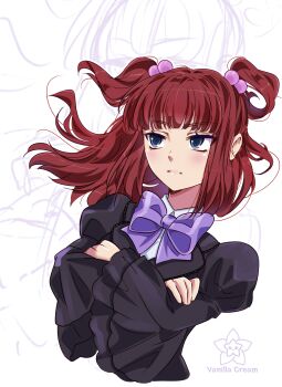 1girl absurdres blue_eyes blunt_bangs bow bowtie crossed_arms hair_bobbles hair_ornament highres juliet_sleeves long_sleeves puffy_sleeves purple_bow purple_bowtie red_hair solo twintails two_side_up umineko_no_naku_koro_ni ushiromiya_ange vanilla_cream_(artist)